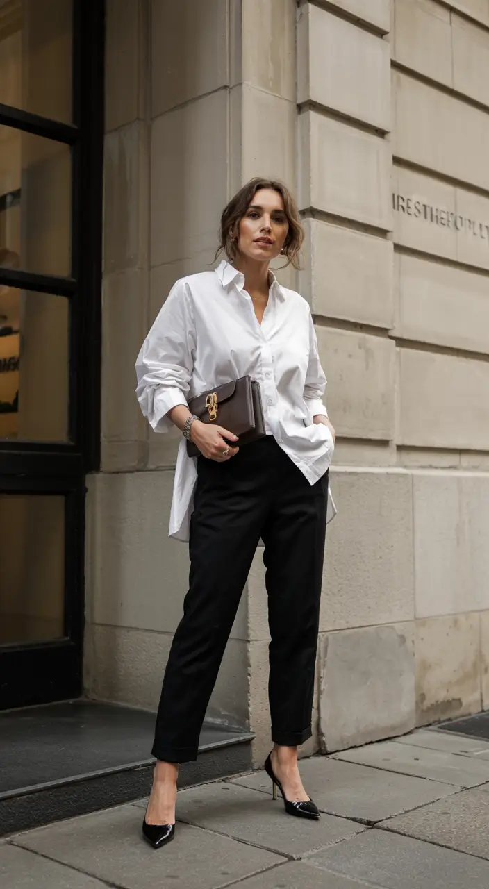 modern business casual outfits for women 2026 Crisp Whites and Architectural Lines