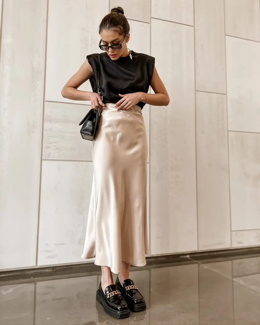 modern business casual outfits for women 2026 Champagne Satin and Black Minimalism