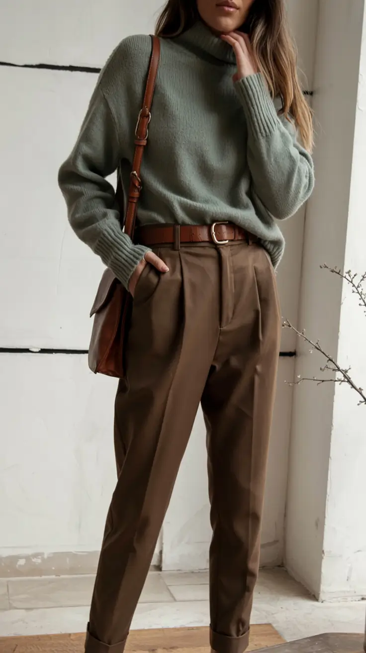 modern business casual outfits for women 2026 Muted Greens and Earthy Browns