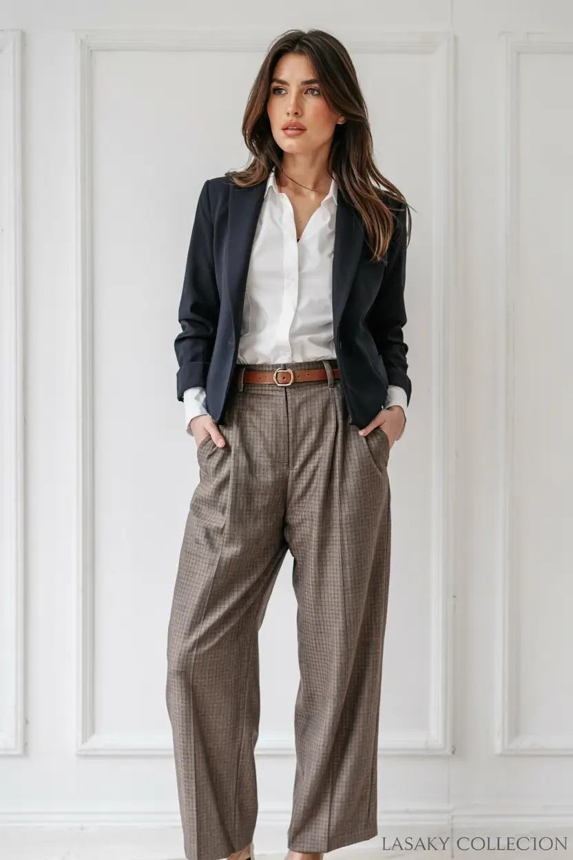 modern business casual outfits for women 2026 Classic Checks and Navy Blazers