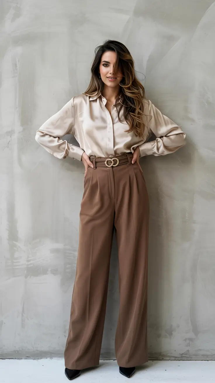 modern business casual outfits for women 2026 Champagne Satin and Warm Browns