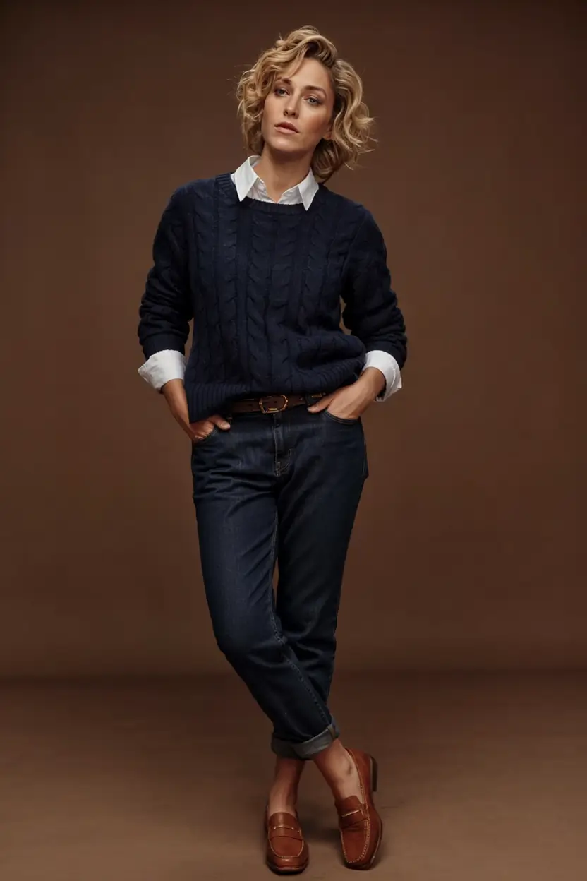 Modern outfits for women ideas 2026 navy sweater layered shirt