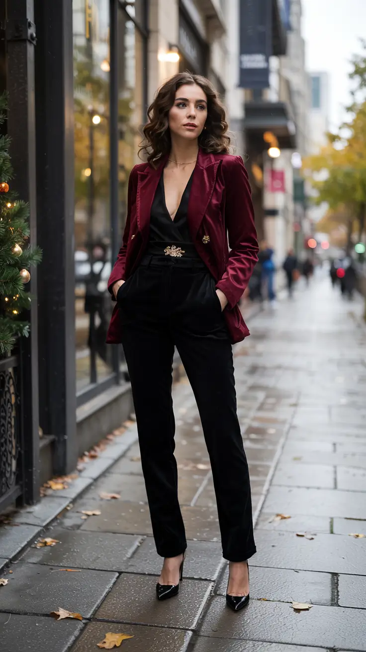 Modern outfits for women ideas 2026 velvet blazer evening outfit