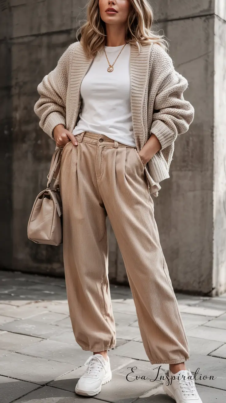 Modern outfits for women ideas 2026 neutral cardigan cozy outfit