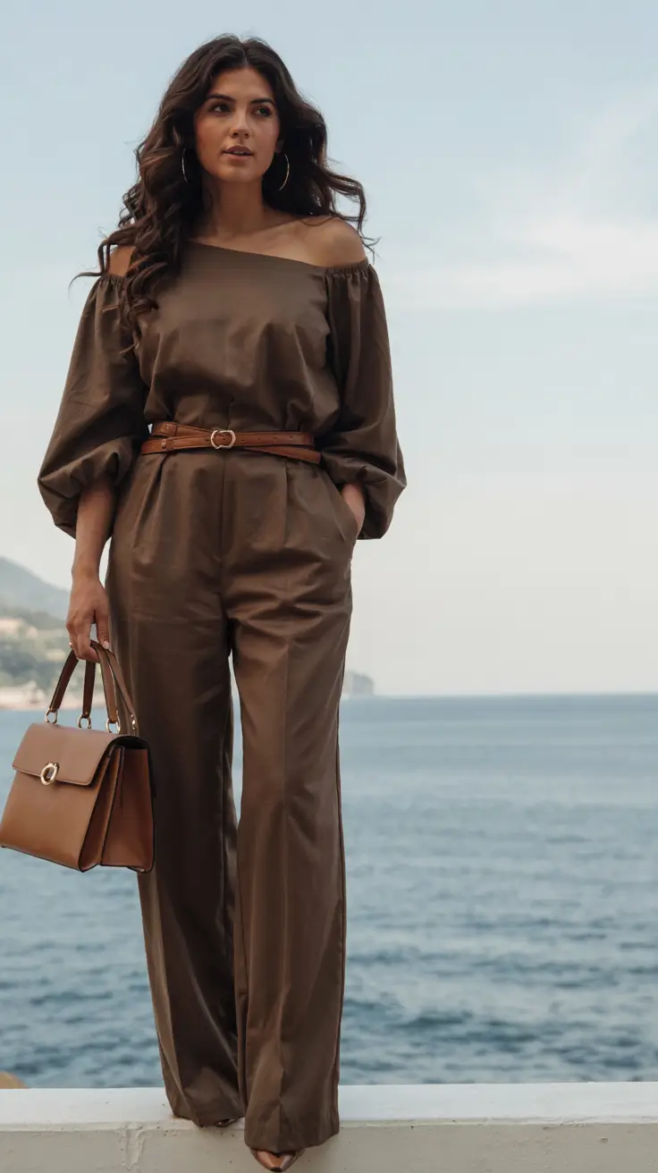 Modern outfits for women ideas 2026 + All-Brown Off-the-Shoulder Look for Elevated Evenings