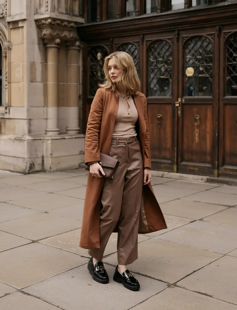 Modern outfits for women ideas 2026 + Warm Camel Tones with Tailored Pants and a Long Coat