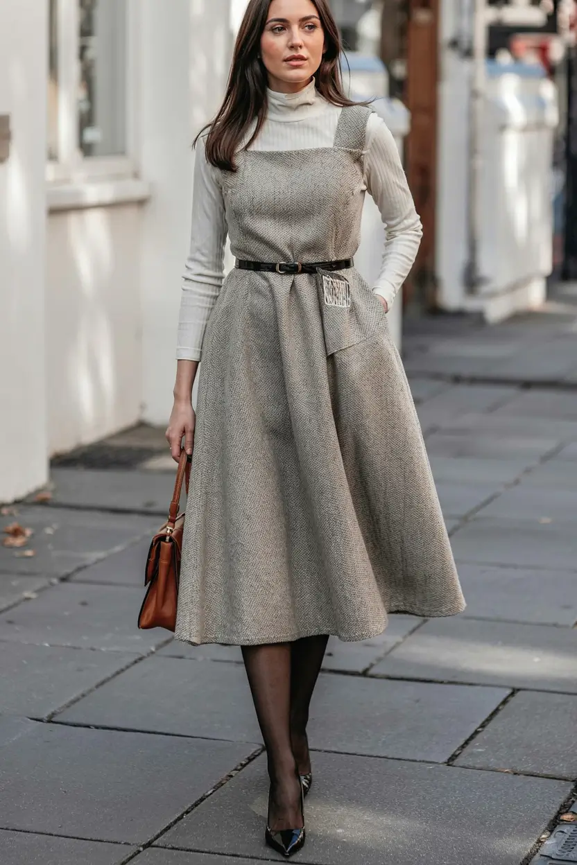 Modern outfits for women ideas 2026 + A Chic Tweed Dress Layered Over a Turtleneck