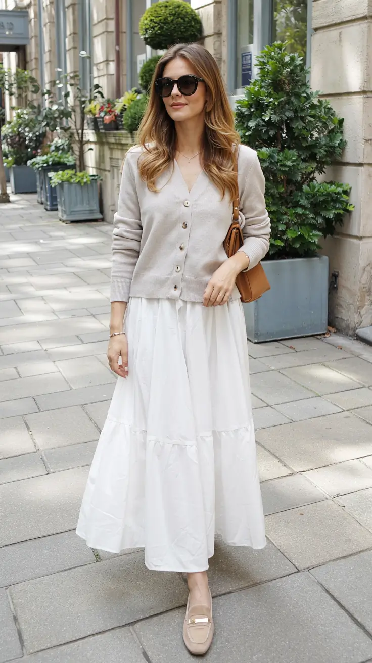 Modern outfits for women ideas 2026 Soft Cardigan and Maxi Skirt