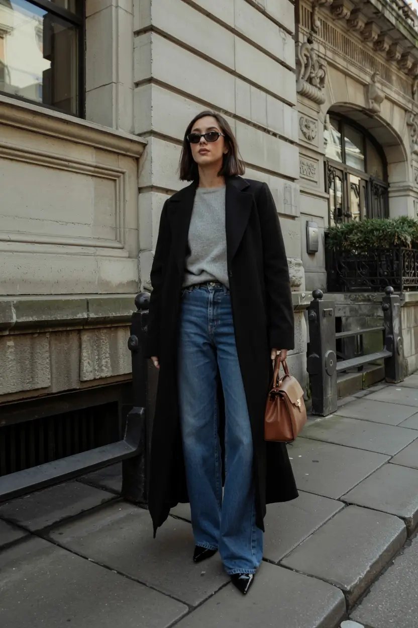 Modern outfits for women ideas 2026 Black Coat Street Style