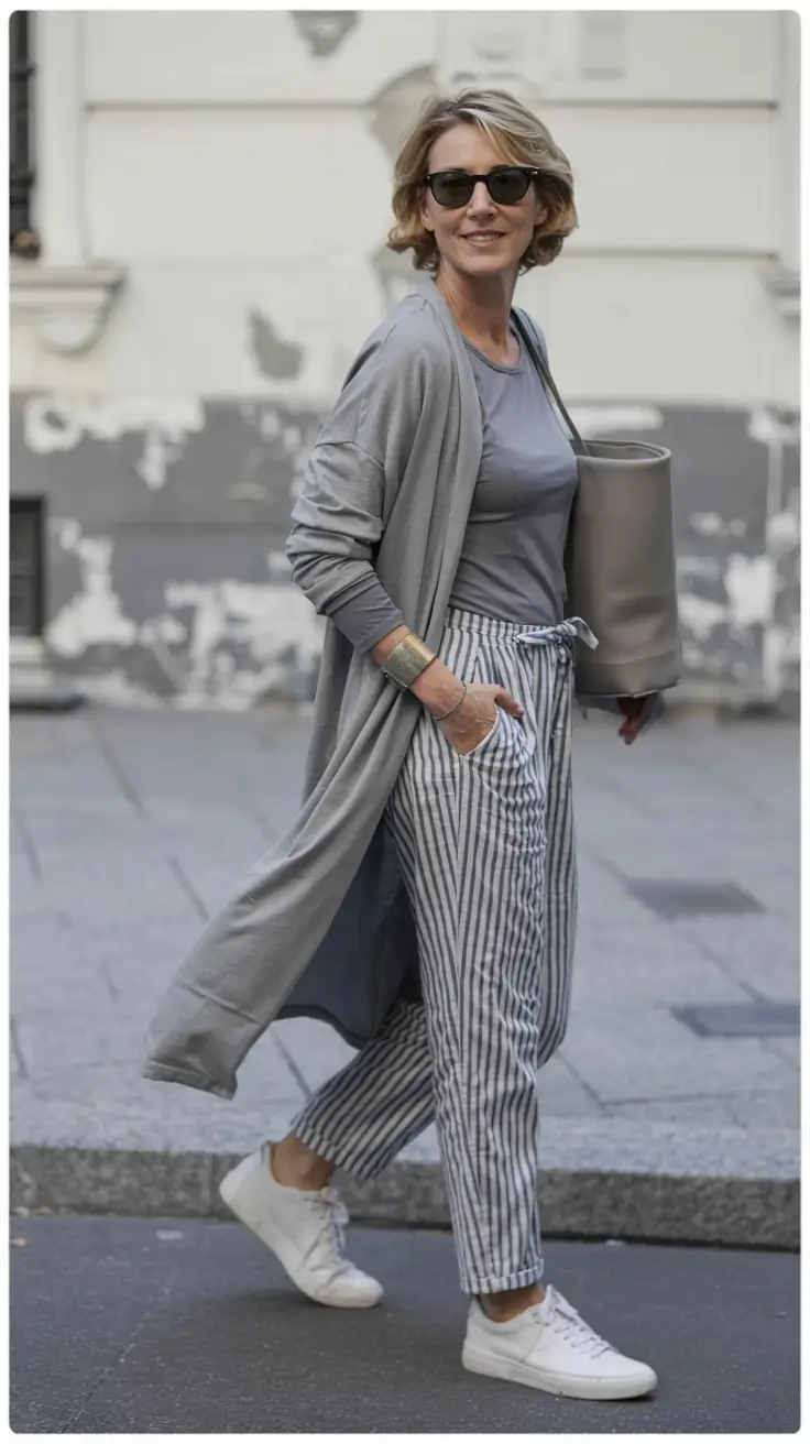 mom outfit ideas 2026 + Soft Grays and Stripes for Comfortable Movement