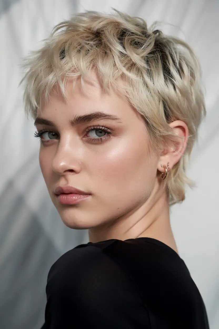 pixie haircut ideas 2026 Textured Ice Blonde Pixie with Soft Flicks