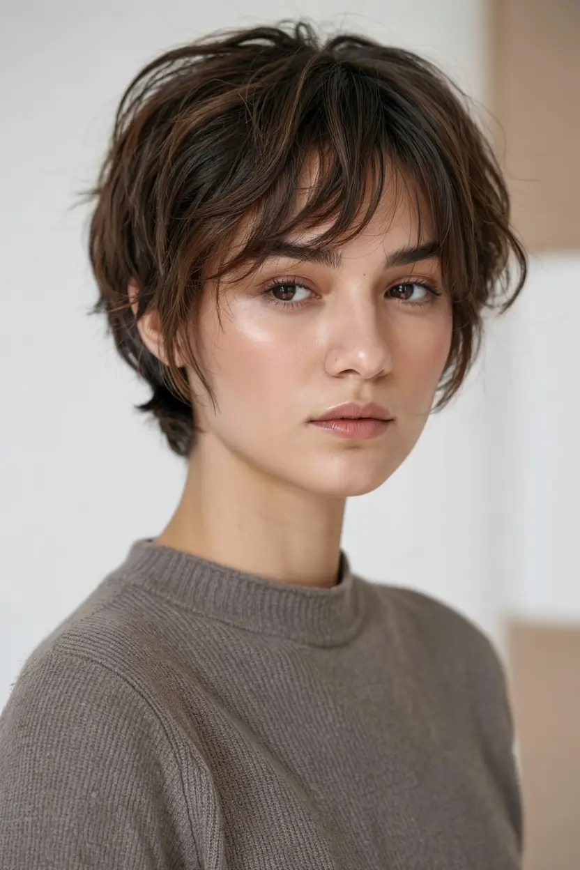 pixie haircut ideas 2026 Feathered Layers with Grown-In Chic Bangs