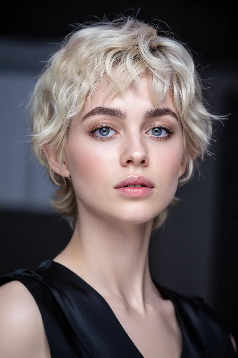 pixie haircut ideas 2026 Platinum Curled Pixie with Flowy Crown