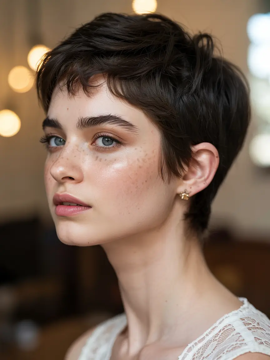pixie haircut ideas 2026 The Polished Dark Crop with Baby Fringe