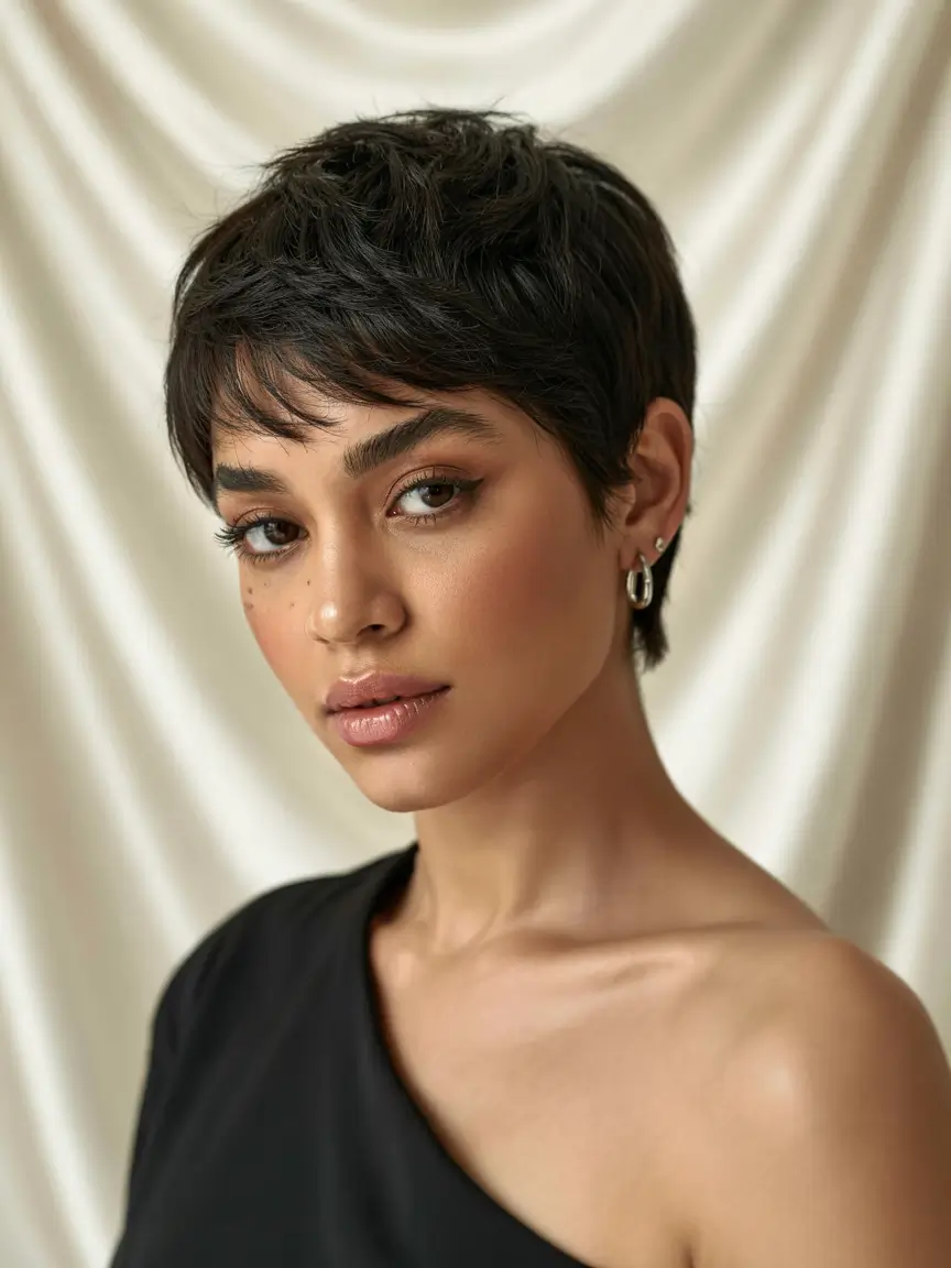 pixie haircut ideas 2026 Glossy Jet Black Pixie with Micro Movement