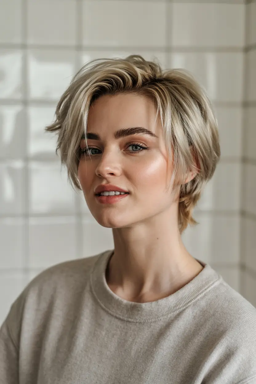 pixie haircut ideas 2026 Platinum Bob-Pixie Crossover with Side Sweep