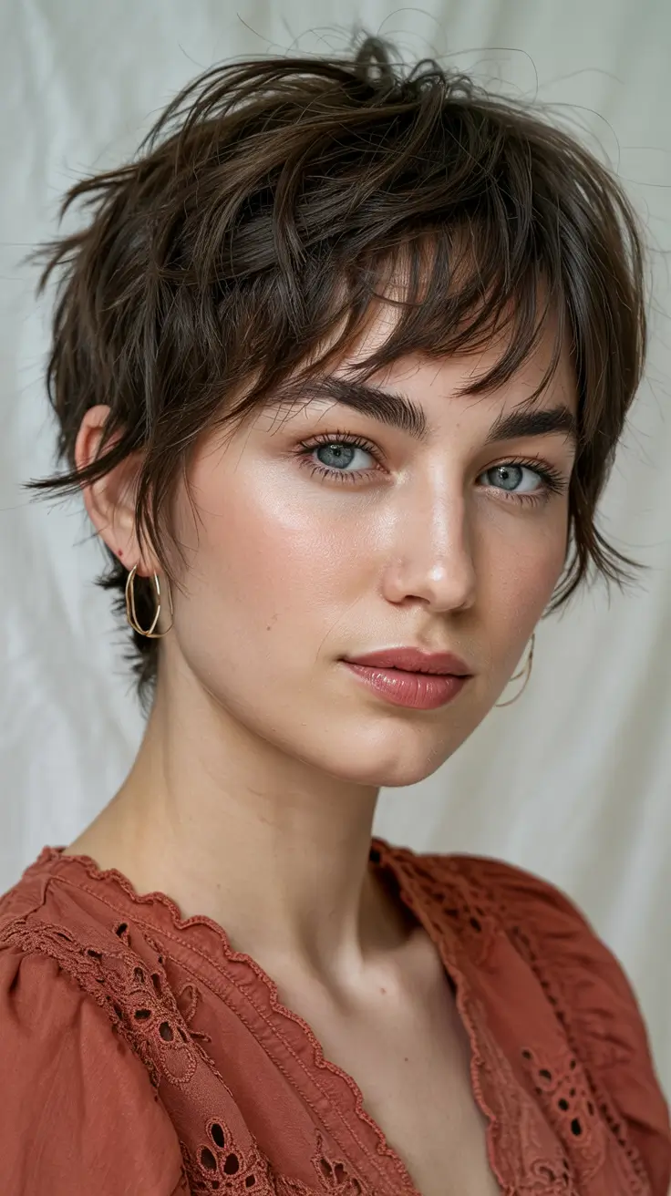 pixie haircut ideas 2026 Layered Espresso Pixie with Flutter Fringe