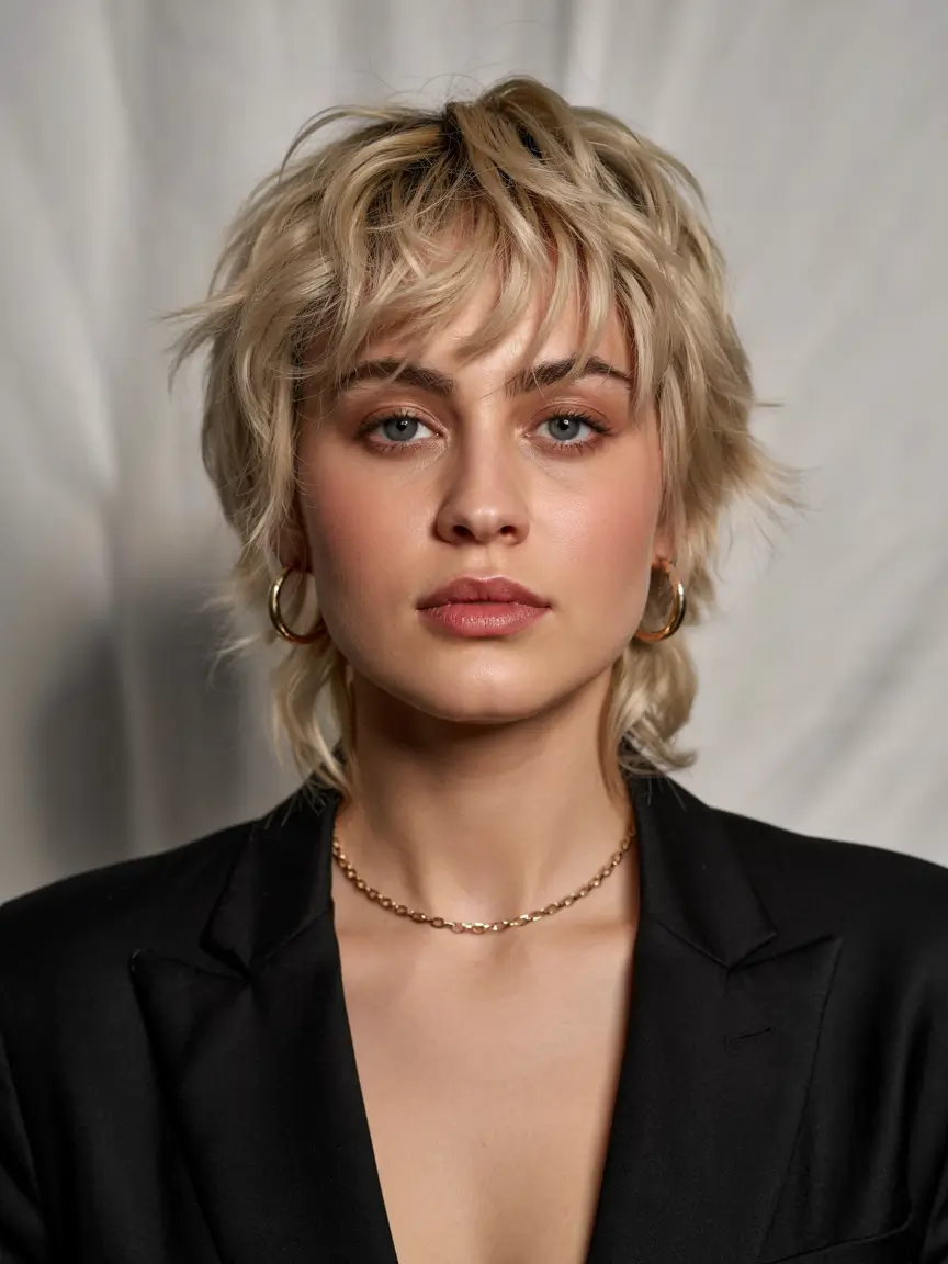 pixie haircut ideas 2026 Champagne Shaggy Pixie with Face-Framing Fringe