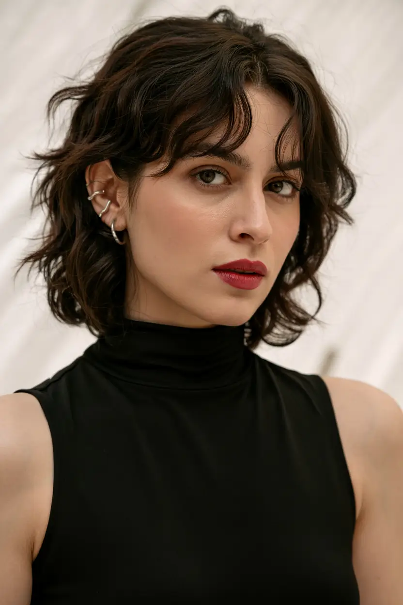 shag haircut ideas 2026 Glossy Waves with Minimal Bangs