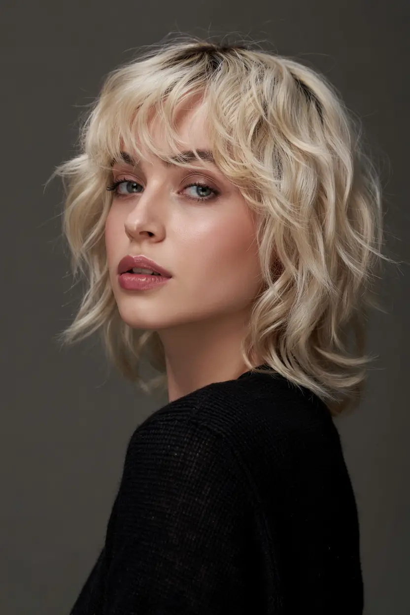 shag haircut ideas 2026 Icy Blonde Shag with Blended Fringe
