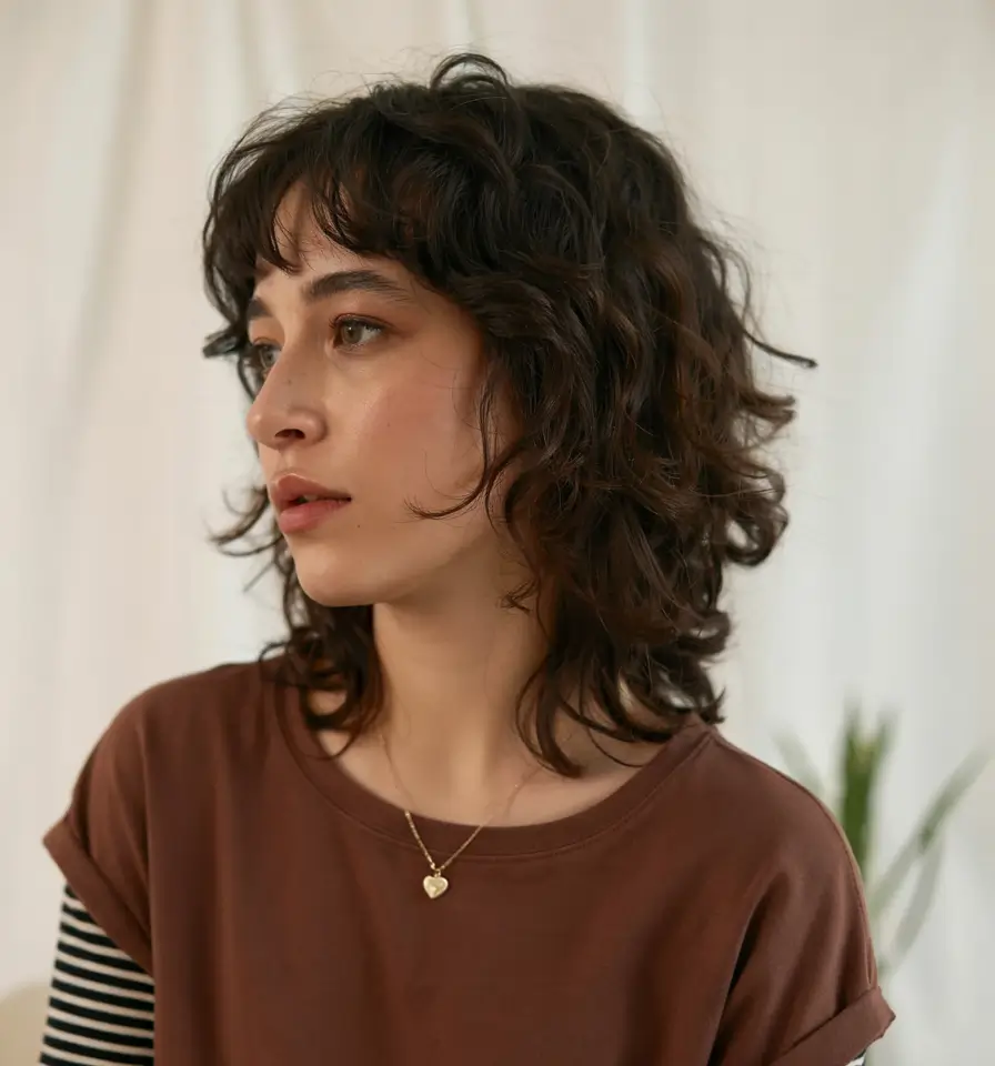 shag haircut ideas 2026 Curly Shag with Natural Bounce and Bangs