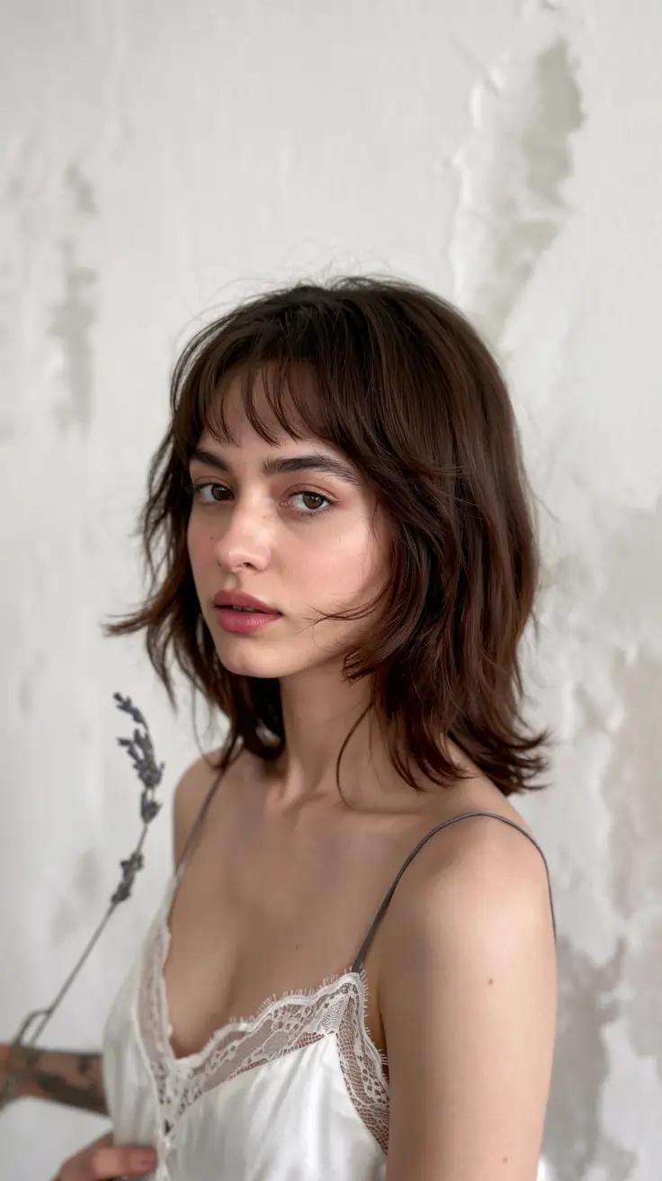 shag haircut ideas 2026 Soft Shag with Baby Fringe and Natural Shine