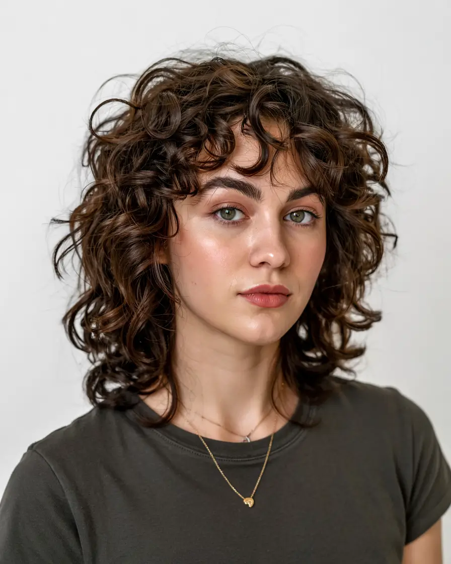 shag haircut ideas 2026 Curly Shag with Voluminous Bangs
