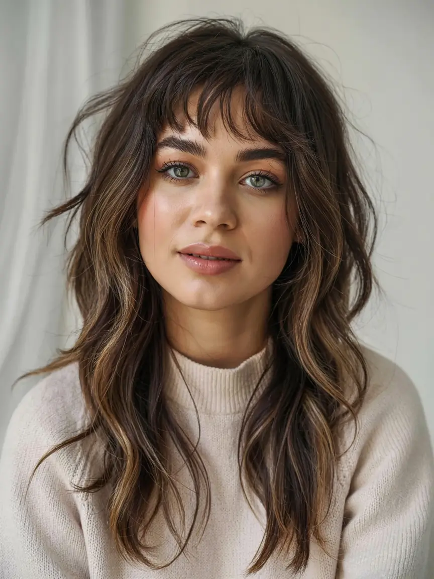 shag haircut ideas 2026 Subtle Layers with Baby Bangs