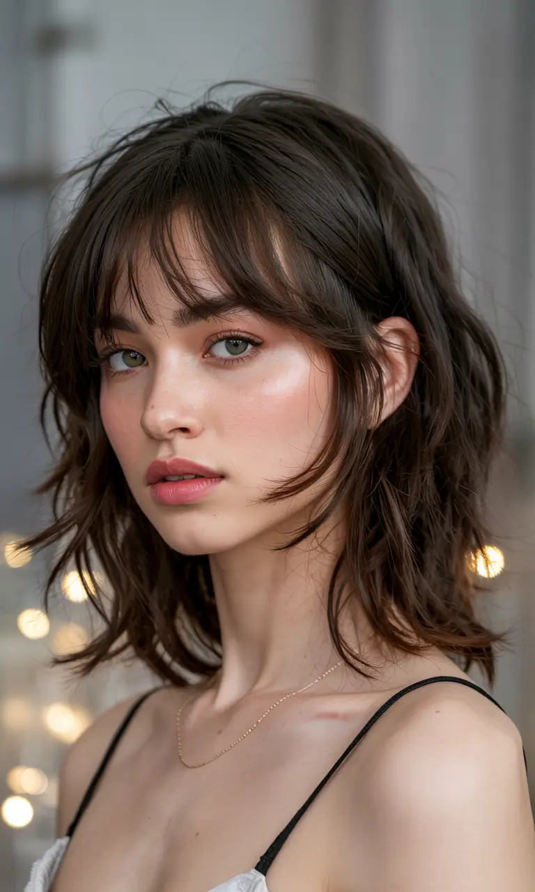 shag haircut ideas 2026 Feathery Fringe with Medium Length Layers