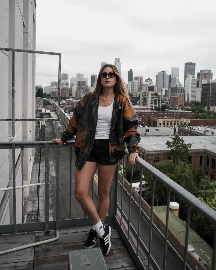 Stylish New York outfits 2026 Edgy Rooftop Contrast With Streetwear Energy
