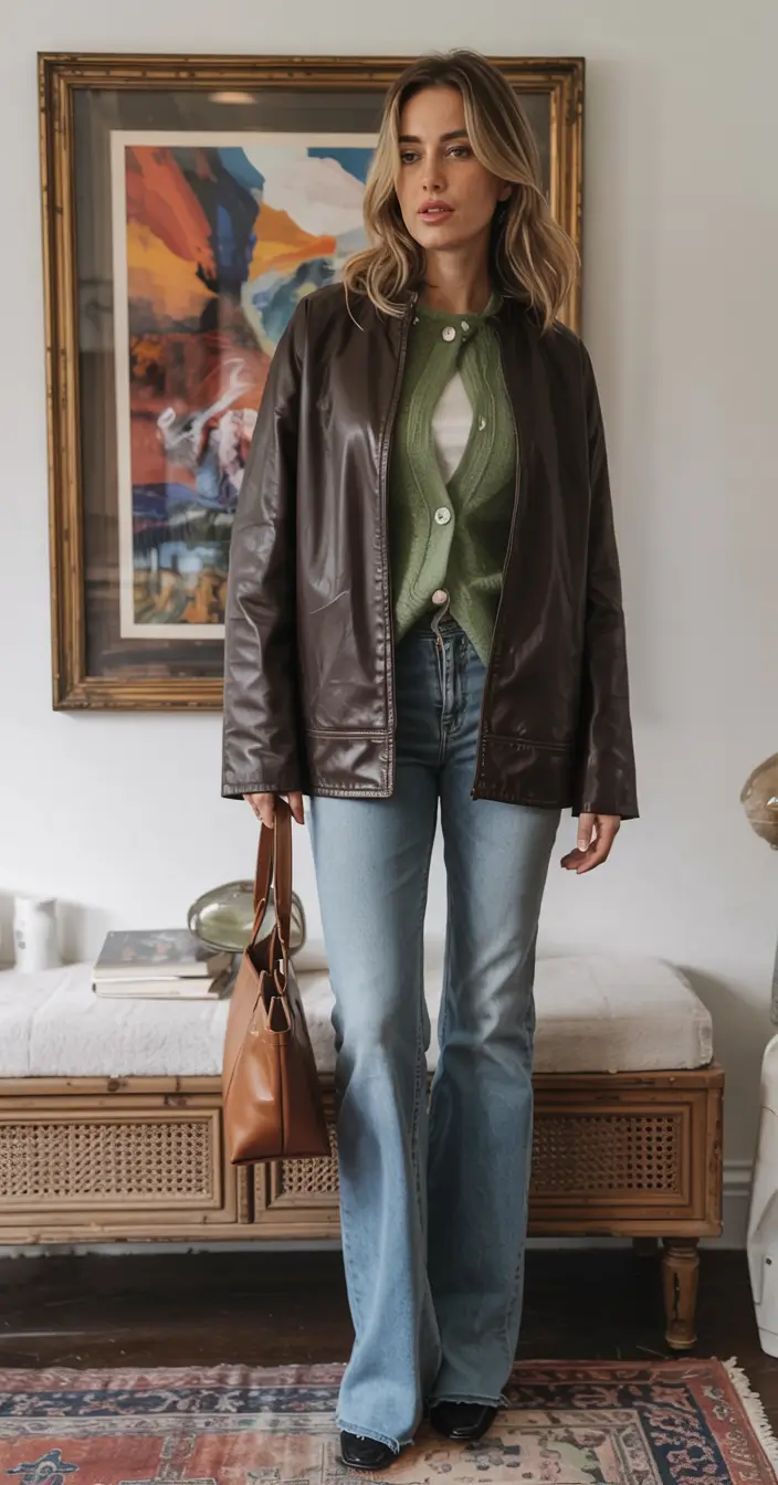 Stylish New York outfits 2026 Soft Greens and Leather Classics at Home