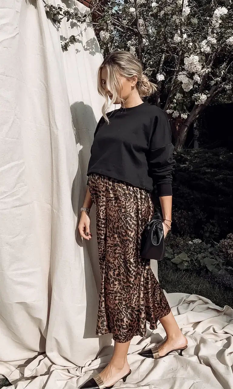 Stylish pregnancy outfits 2026 Leopard Luxe and Effortless Edge