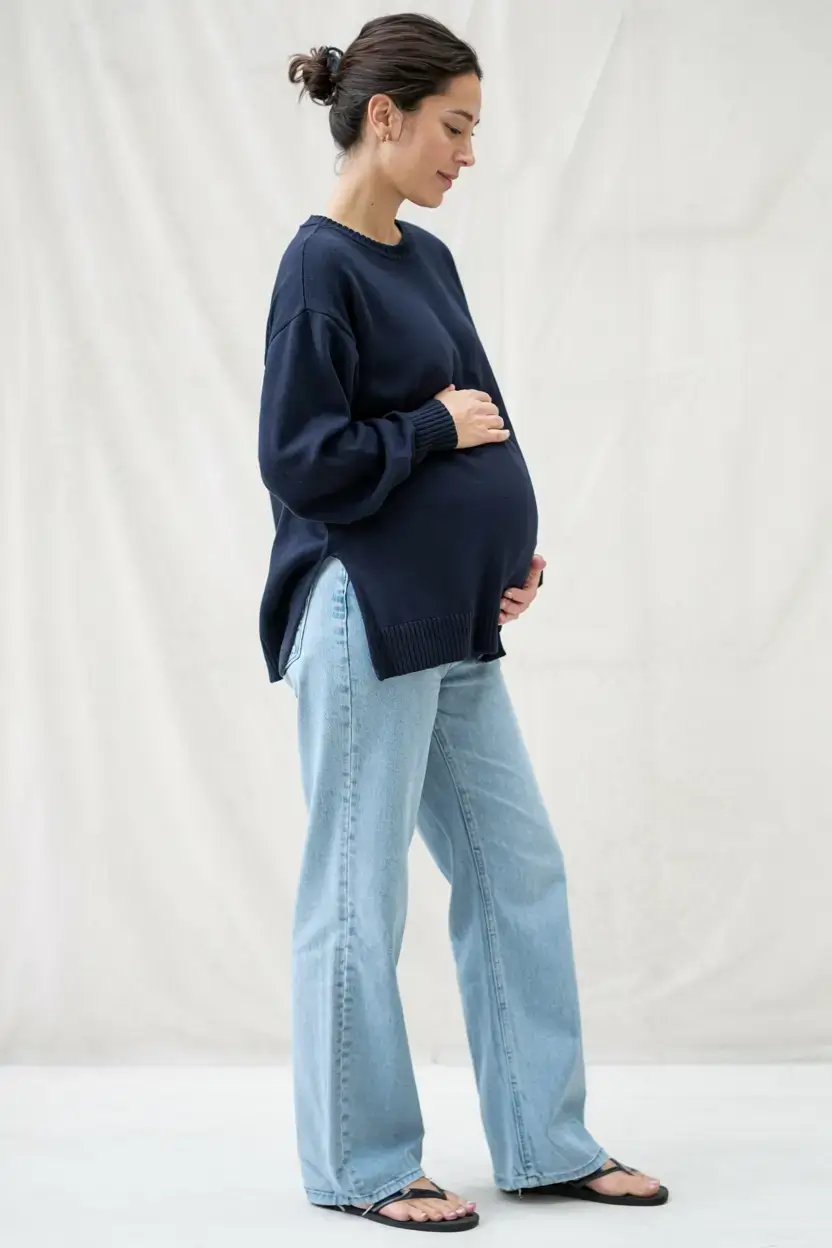 Stylish pregnancy outfits 2026 Denim Ease and Modern Minimalism