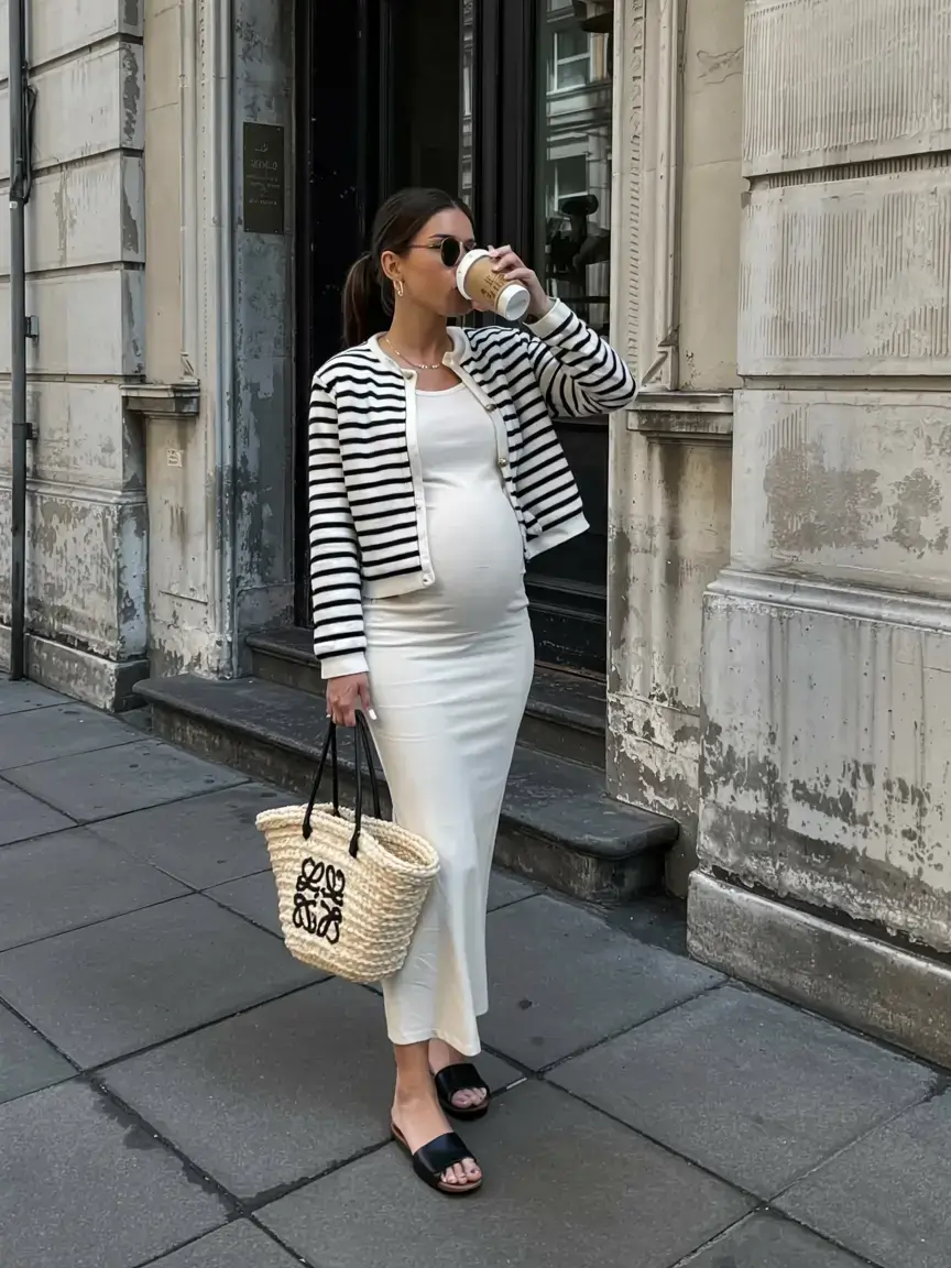 Stylish pregnancy outfits 2026 Parisian Ease with a Modern Spin