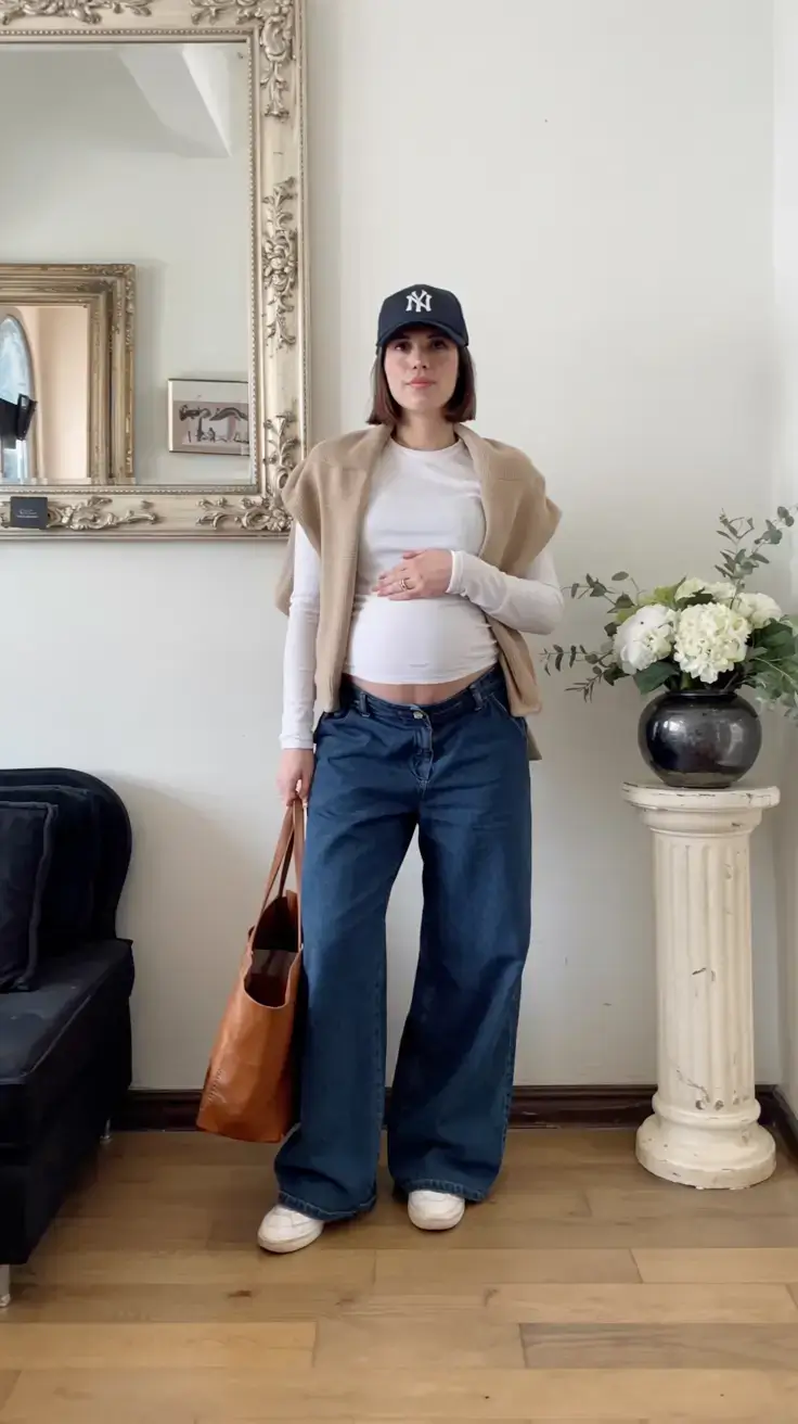 Stylish pregnancy outfits 2026 Relaxed Denim Revival