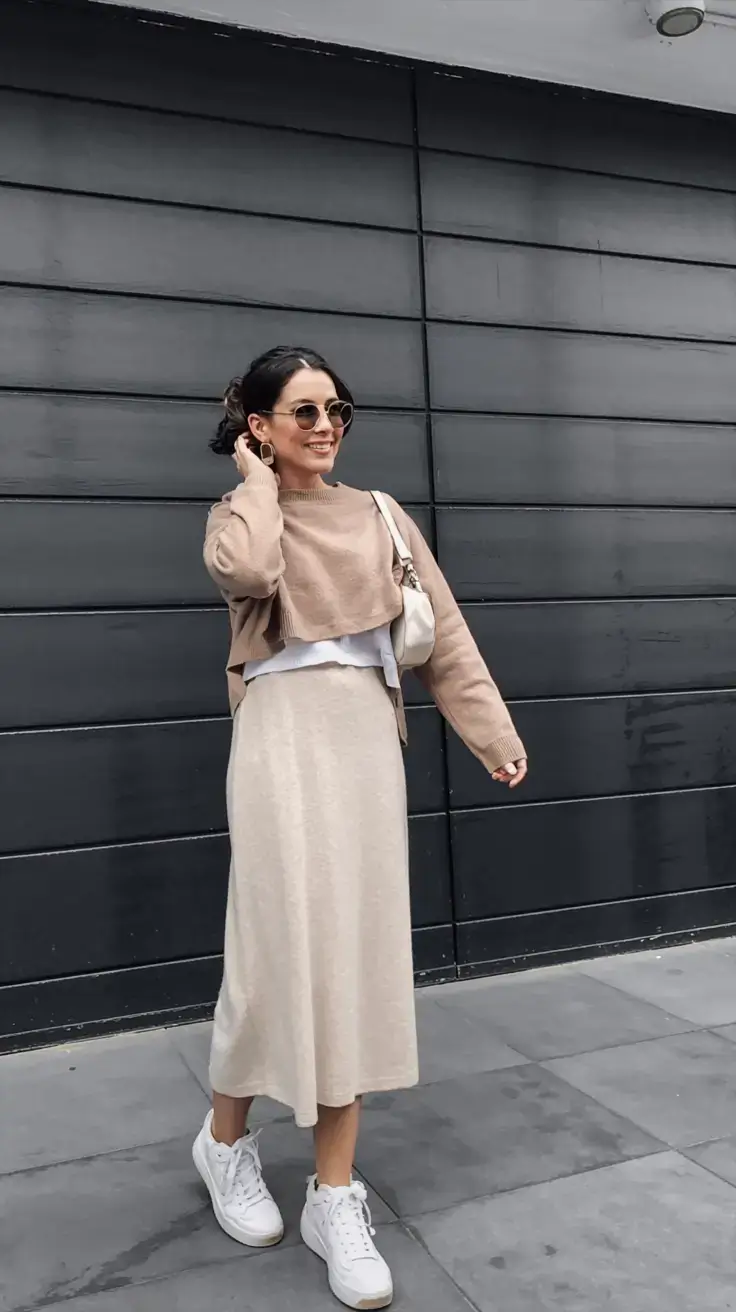 Stylish pregnancy outfits 2026 Layered Neutrals and Modern Ease