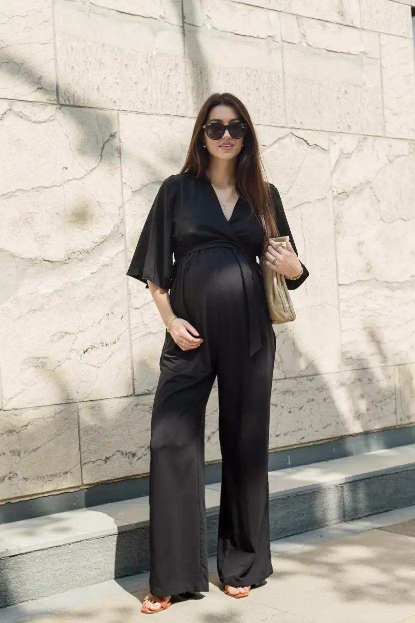 Stylish pregnancy outfits 2026 Black Silk Power Jumpsuit