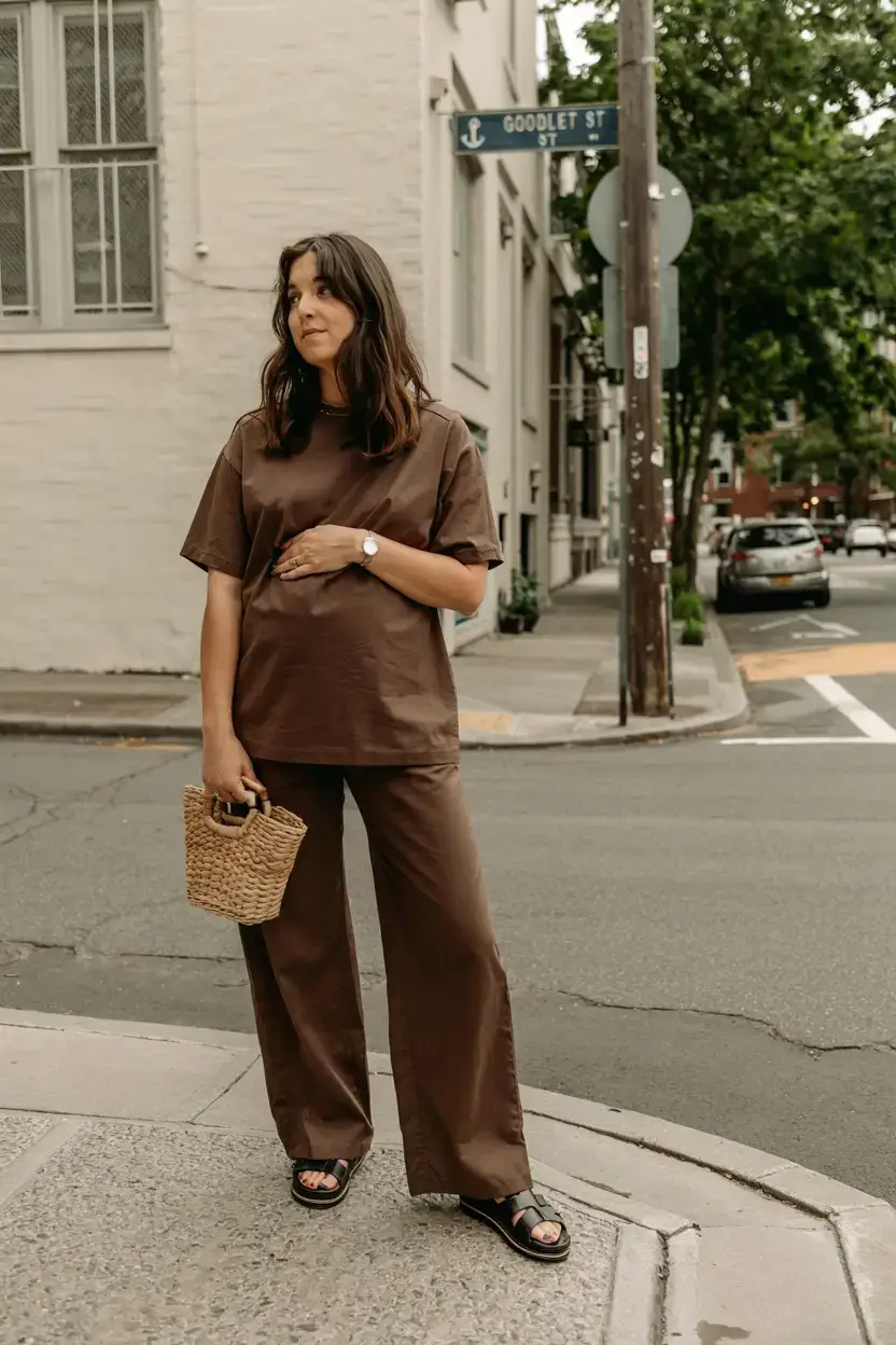 Stylish pregnancy outfits 2026 Chocolate Tones and Structured Calm