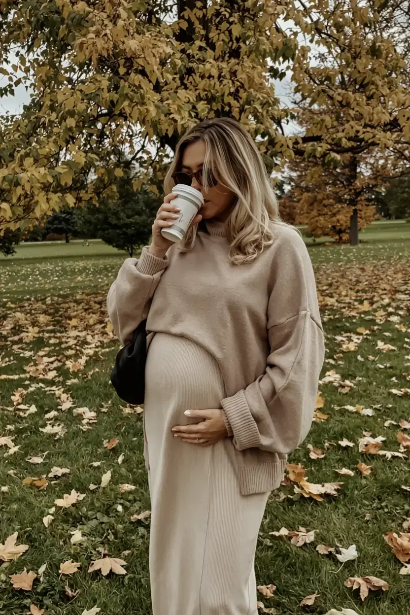 Stylish pregnancy outfits 2026 Autumn Neutrals and Cozy Chic