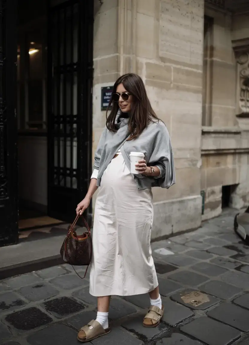 Stylish pregnancy outfits 2026 Parisian Neutrals with a Twist