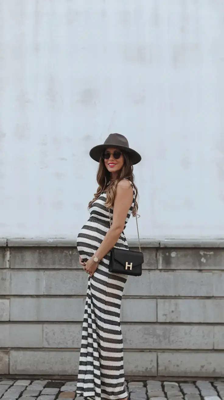 Stylish pregnancy outfits 2026 Stripes and Modern Femininity