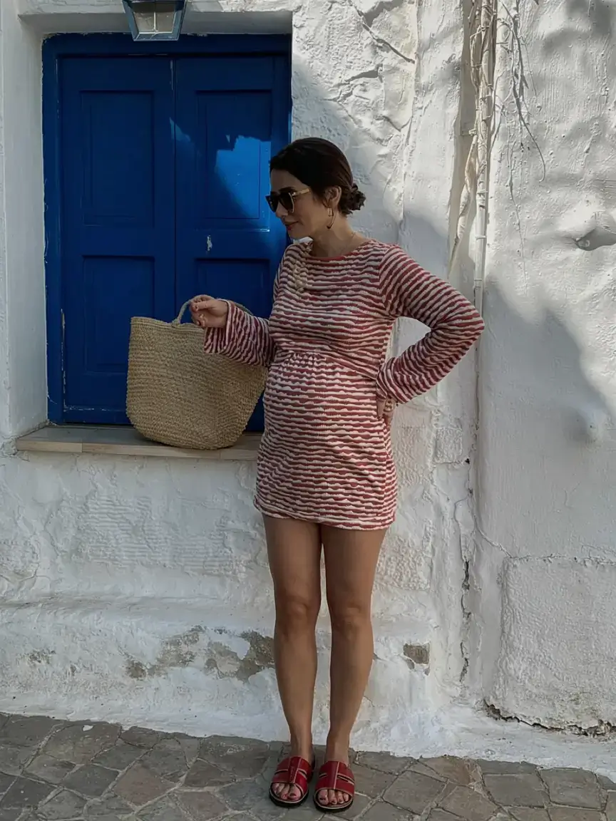 Stylish pregnancy outfits 2026 Playful Stripes and Vacation Spirit