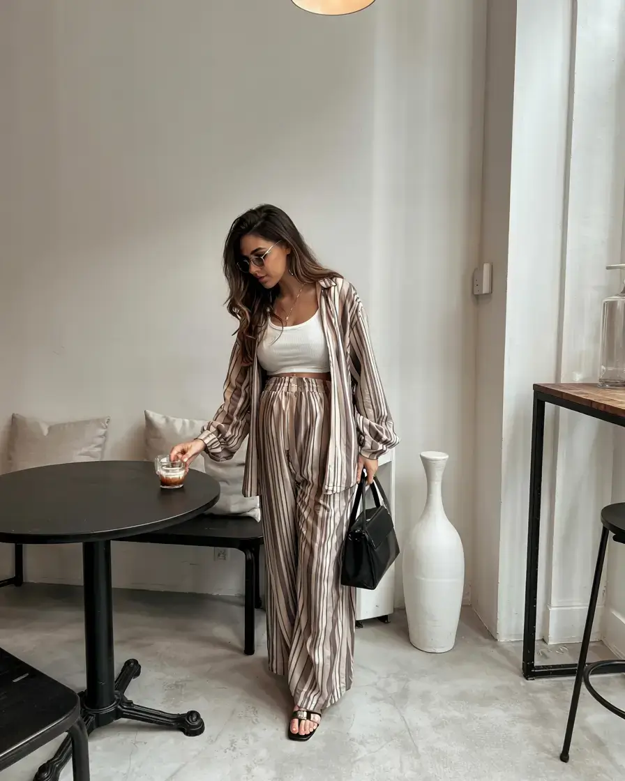 Stylish pregnancy outfits 2026 Stripes Silk and Sunday Calm