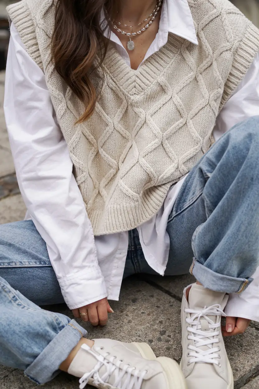 Sweater outfit inspiration 2026 Layered Ease With a Soft Knit Vest