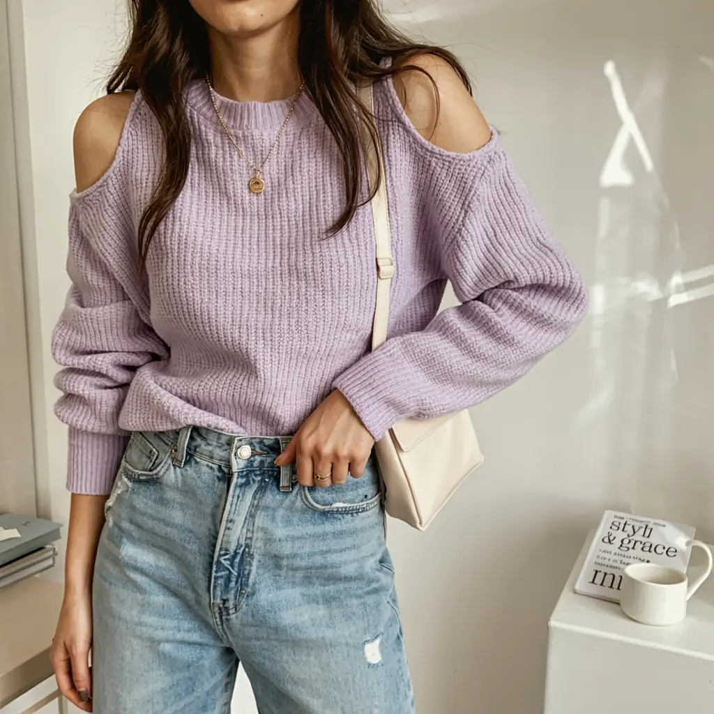 Sweater outfit inspiration 2026 Lavender Softness With a Fresh Cutout Twist