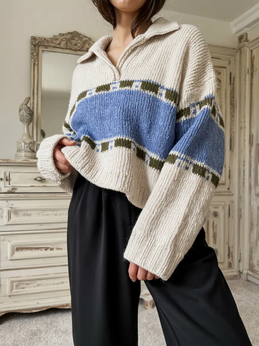 Sweater outfit inspiration 2026 Casual Structure With a Color-Blocked Twist