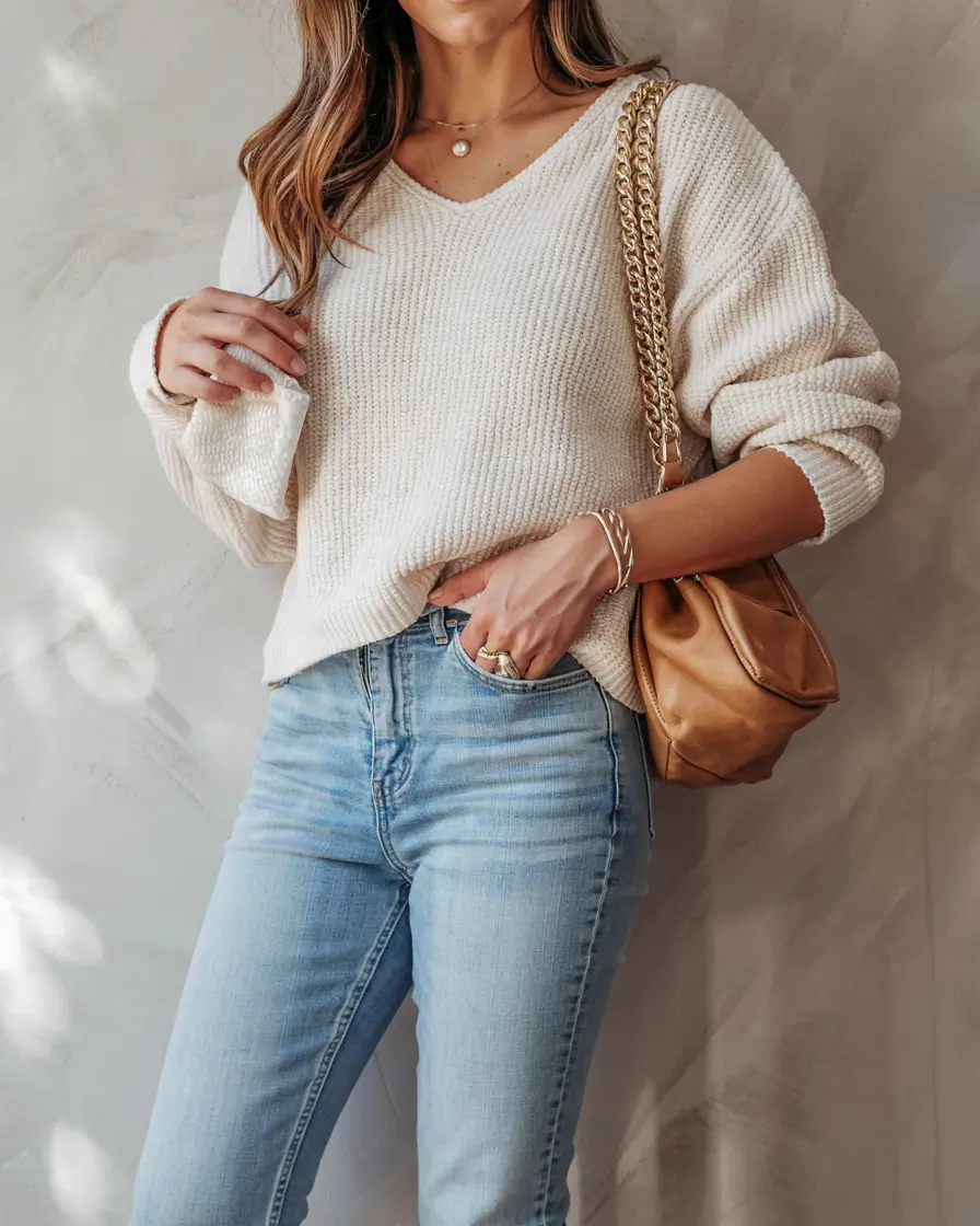 Sweater outfit inspiration 2026 Light Essentials With Soft Golden Accents