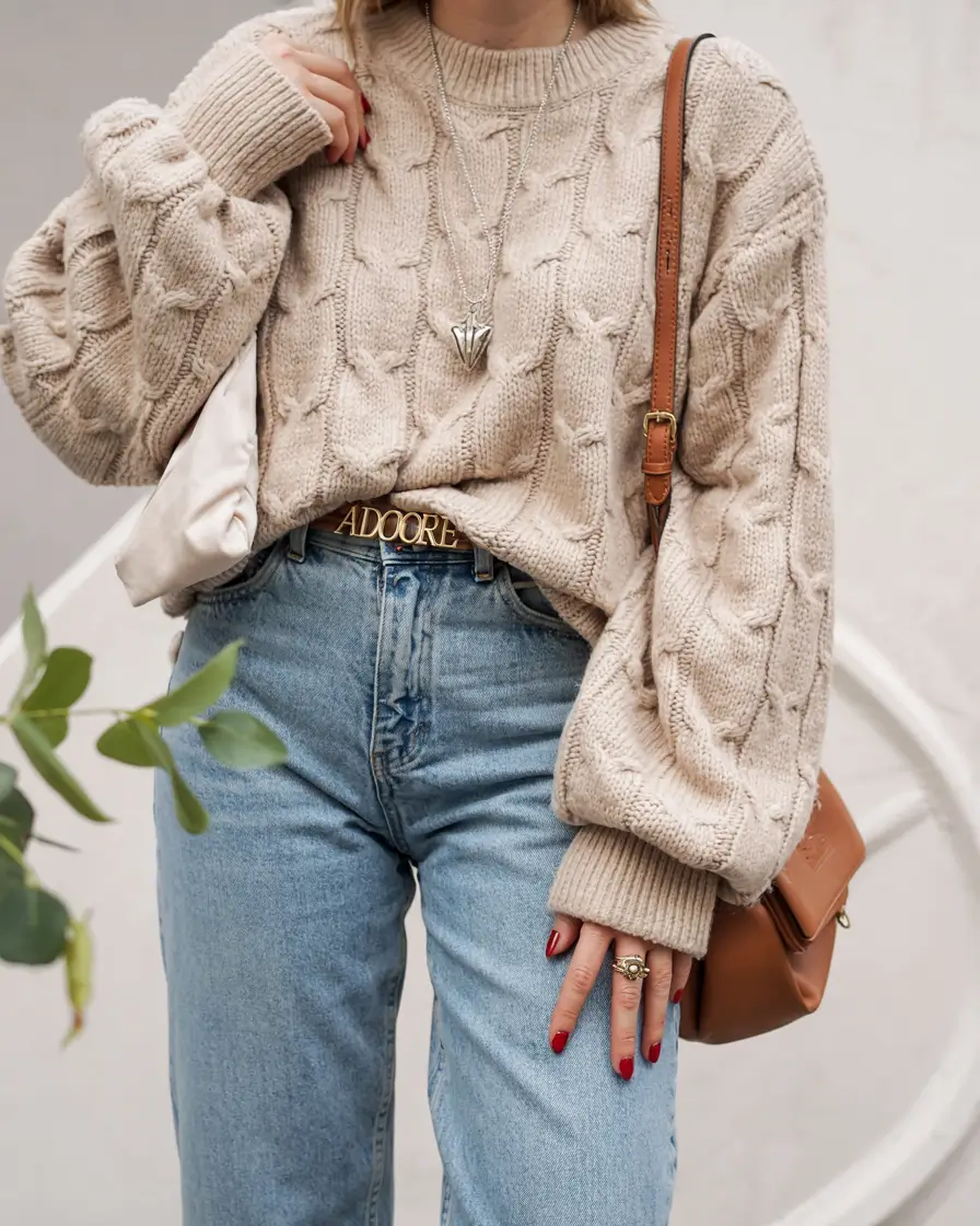 Sweater outfit inspiration 2026 Cable-Knit Classics With Denim Ease
