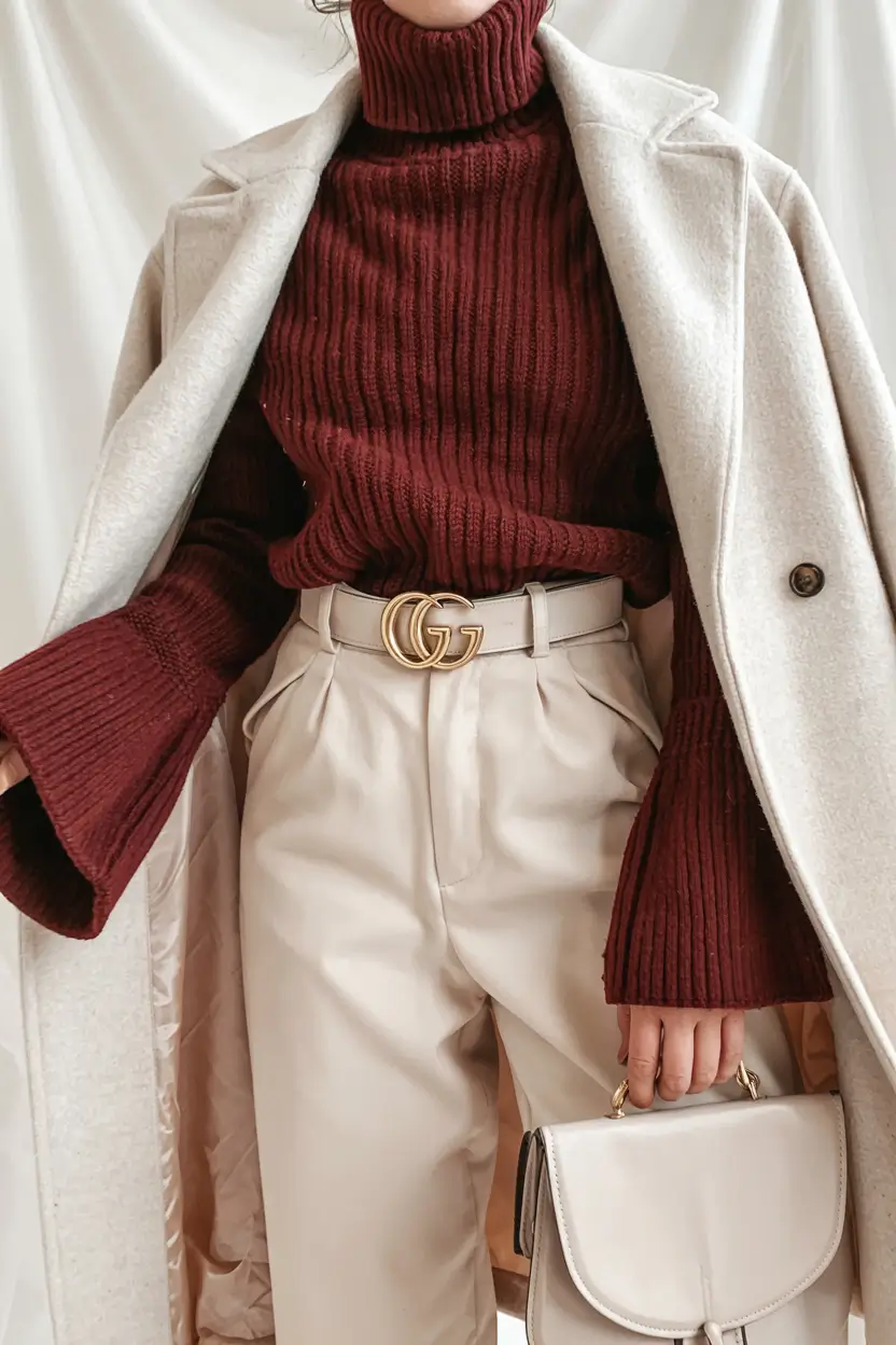 Sweater outfit inspiration 2026 Rich Red Layers with Winter Whites