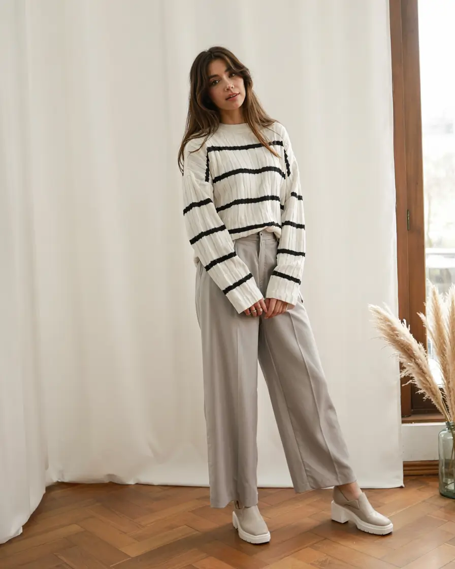 Sweater outfit inspiration 2026 Laid-Back Stripes With a Soft Minimalist Mood